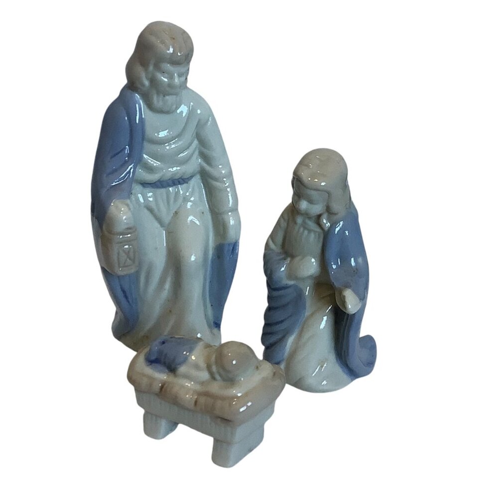 Vtg Porcelain Christmas Nativity Figurine‎ Set Blue White Baby Jesus Mary Joseph